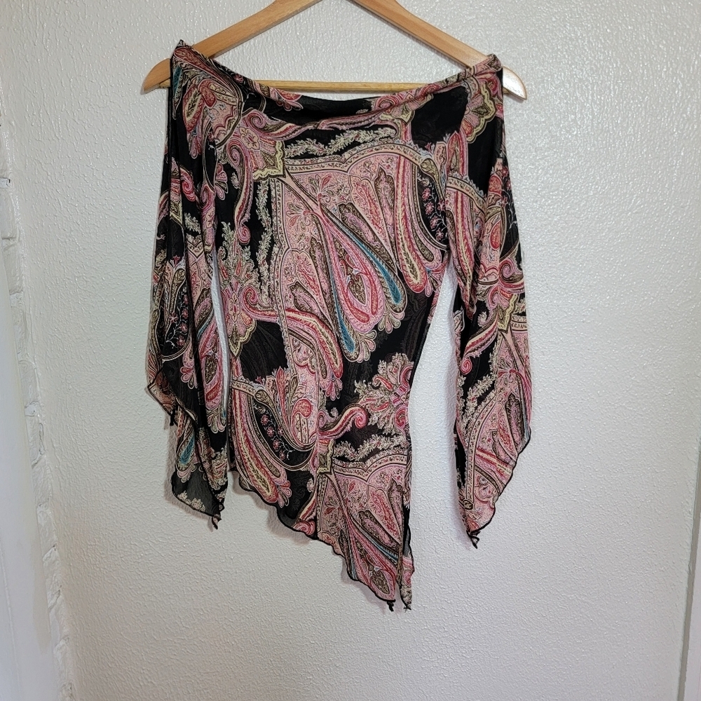 y2k Xi Sheer Asymmetrical Paisley Blouse XS Black Pink Feminine Fairy Grunge
